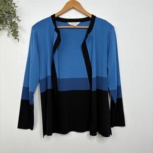 Misook Color Block Open Front Cardigan Sweater Blue Black Women's Medium